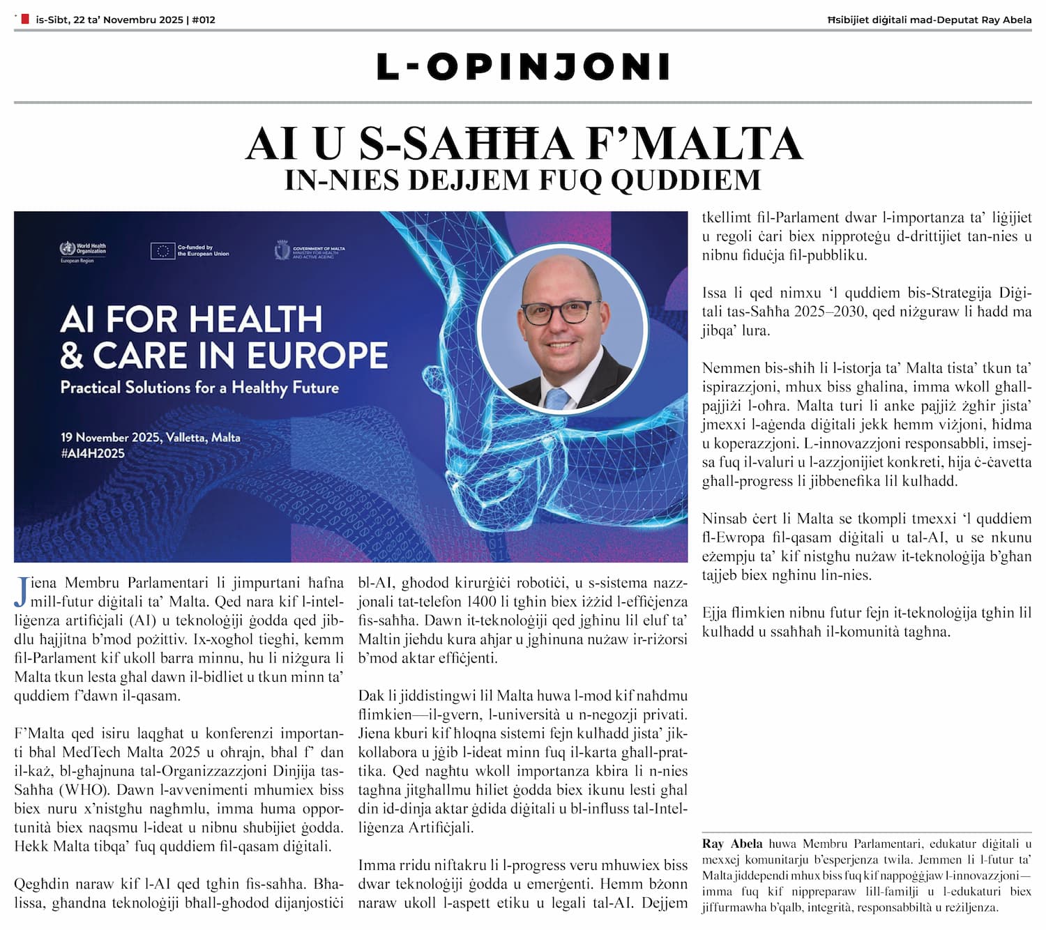 Ray Abela — article excerpt, L-Opinjoni, November 22, 2025